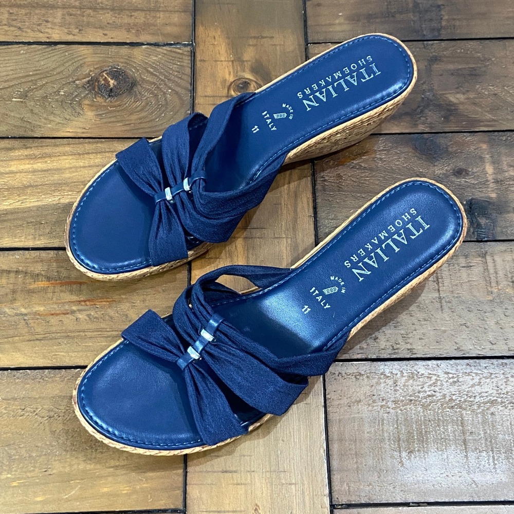 Italian Shoemakers Navy Blue Wedge Sandals Knotted Strap Slides Womens 11 Italy